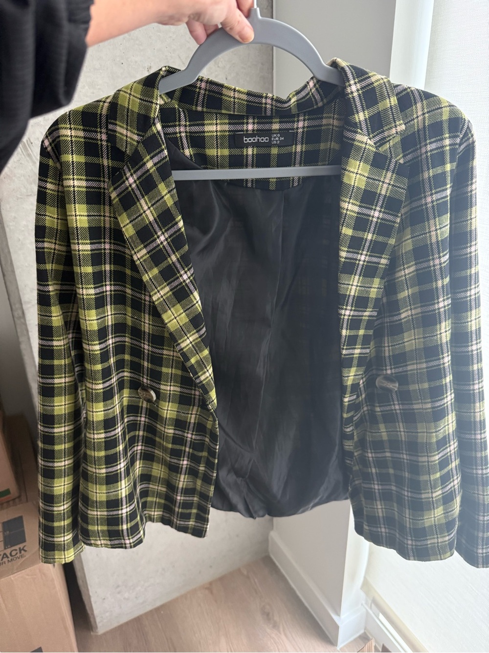 boohoo Yellow-Green Plaid Double-Breasted Blazer